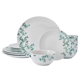 12-Piece Porcelain Dinnerware Set, Gray Moonlit Leaves Pattern