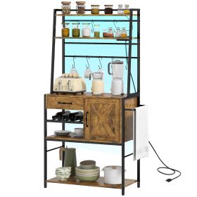 HOMCOM Industrial Kitchen Shelving Unit, Open Shelves for Kitchen w/ Charging Station, Towel Rack & LED Lights, Rustic Brown