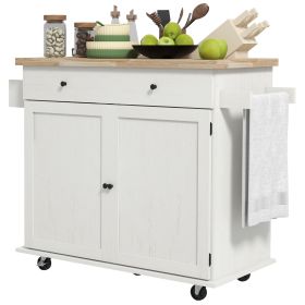 HOMCOM HOMCOM Mobile Kitchen Island, Solid Wood Top Breakfast Nook with Drawer and Doors, Kitchen Cart with Adjustable Shelf, White
