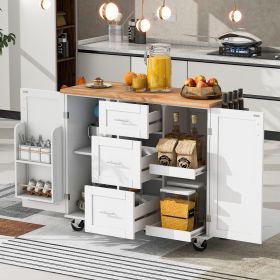 Rolling Kitchen Island with Storage, Kitchen Cart with Rubber Wood Top, 3 Drawer, 2 Slide-Out Shelf and Internal Storage Rack (Material: MDF, Color: White)